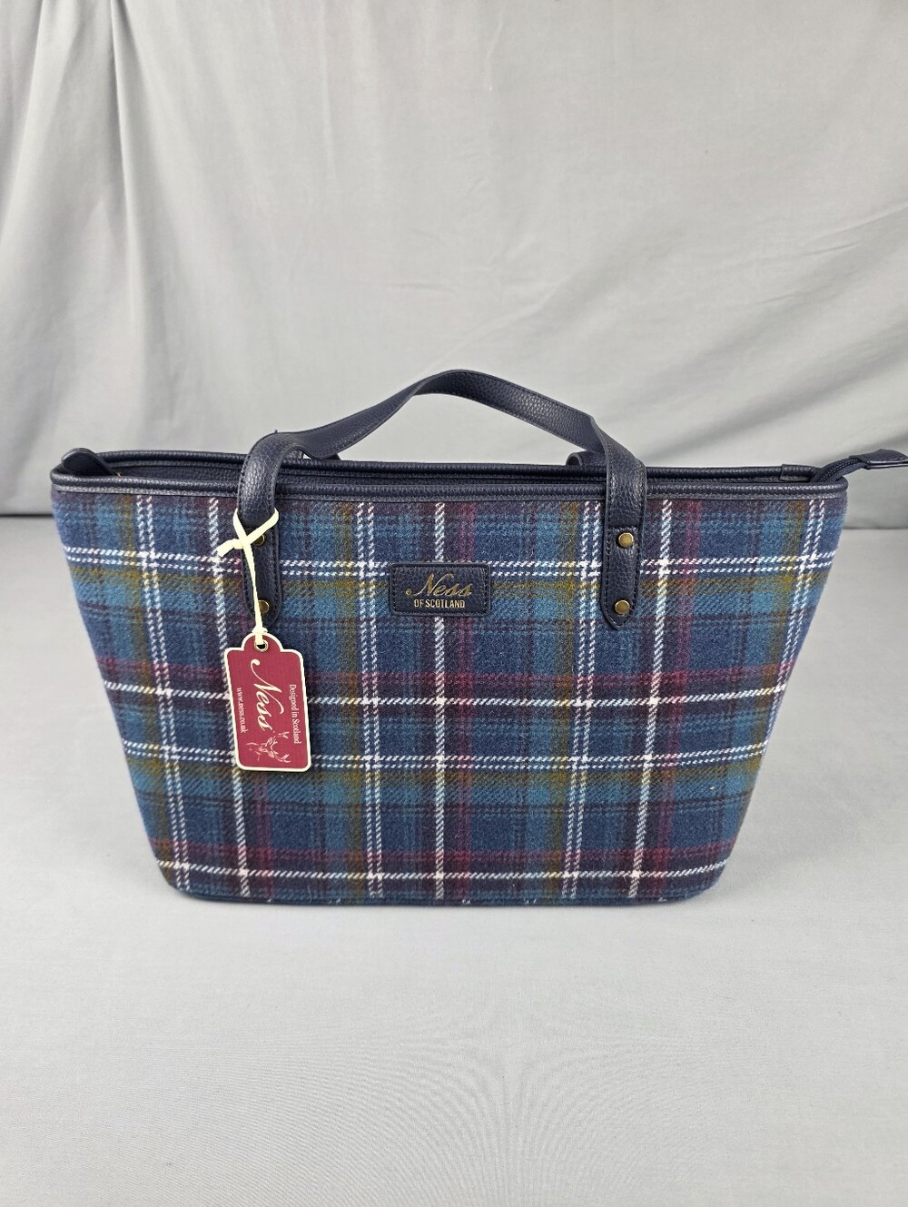Ness of Scotland Shoulder Bag Navy Blue Tartan Wool Plaid Purse Double Handle